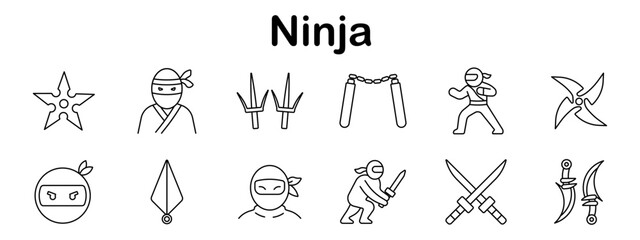 Ninja set icon. Throwing stars, masked ninja, sai blades, swords, nunchaku, martial poses, curved daggers, hooded face, hand weapons in outlined black icon set
