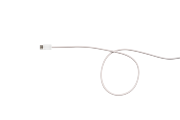 A white fabric-braided USB Type-C cable isolated on a transparent PNG. Ideal for concepts related to business technology, data transfer, connectivity and fast charging for modern devices.