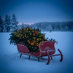Vintage Red Sleigh with Lit Christmas Tree in Snow
