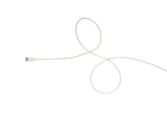 A white fabric-braided USB Type-C cable isolated on a transparent PNG. Ideal for concepts related to business technology, data transfer, connectivity and fast charging for modern devices.