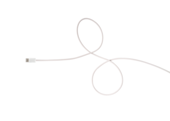 A white fabric-braided USB Type-C cable isolated on a transparent PNG. Ideal for concepts related to business technology, data transfer, connectivity and fast charging for modern devices.