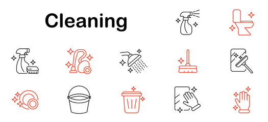 Cleaning set icon. Spray, toilet, vacuum, mop, bucket, dish, glove, sponge, brush, mirror, trash, shine, hygiene, scrub, disinfect, tidy.