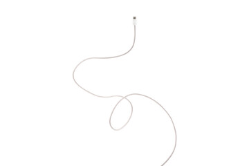 A white fabric-braided USB Type-C cable isolated on a transparent PNG. Ideal for concepts related to business technology, data transfer, connectivity and fast charging for modern devices.