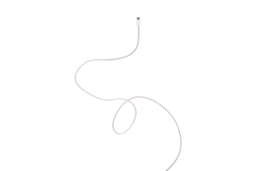 A white fabric-braided USB Type-C cable isolated on a transparent PNG. Ideal for concepts related to business technology, data transfer, connectivity and fast charging for modern devices.