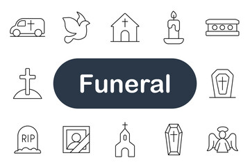 Funeral set icon. Coffin, grave, tombstone, angel, dove, candle, hearse, cross, portrait, church, cemetery, memorial, mourning, death, remembrance, ceremony, peace, grief, spirituality, farewell