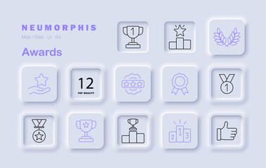 Awards set icon. Trophies, medals, podiums, ribbons, badges, stars, hand holding star, thumbs up, rating badges in soft neumorphic digital button interface