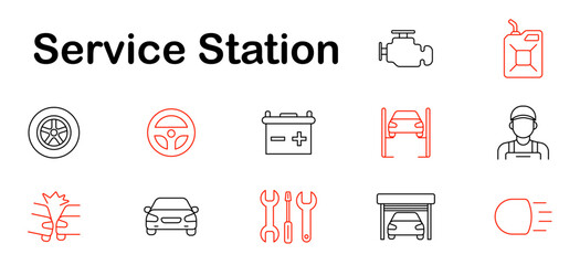 Service station set icon. Tire, steering wheel, oil, engine, tools, mechanic, lift, battery, fuel, diagnostics, garage, headlight, maintenance, repair, service.