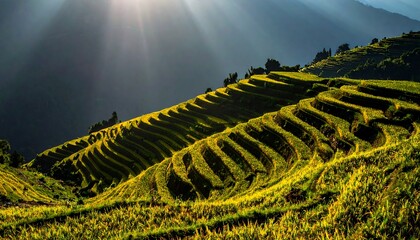 Sun rays stream down on terraced fields on a lush hillside
