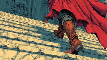 Person in red cloak ascending stone stairs to an ornate building
