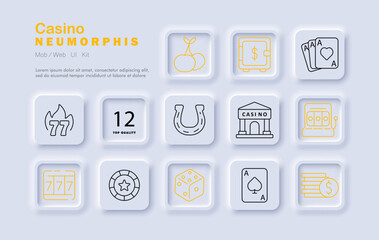 Casino set icon. Clean outlined icons show slot machine, safe, dice, cards, chips, casino building, cherries, flames, horseshoe, jackpot, coin stack, roulette, and tokens.