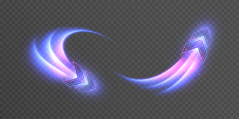Neon speed arrows with purple highlights and dynamic glowing stripes on a transparent background. A vector tech interface element for overlays, speed design, racing, and technology interface effects.