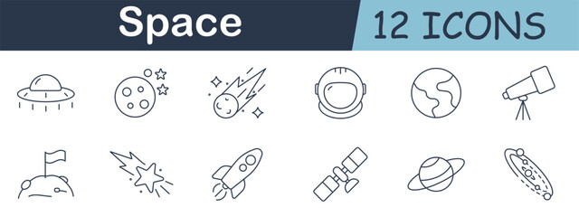 Space set icon. UFO, moon, comet, astronaut, planet, telescope, rover, flag, star, rocket, satellite, and ringed planet in cosmic outline design.