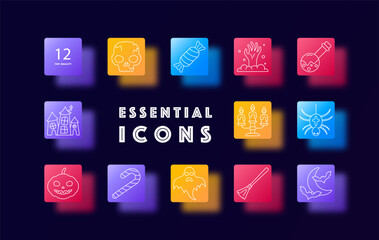 Halloween set icon. Haunted house, jack-o-lantern, ghost, skull, witch broom, candy, potion, rising hand, spider, bat, crescent moon, candles, scare face, cane, vampire.
