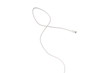 A white fabric-braided USB Type-C cable isolated on a transparent PNG. Ideal for concepts related to business technology, data transfer, connectivity and fast charging for modern devices.