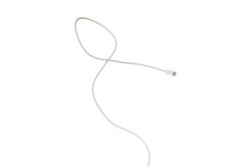 A white fabric-braided USB Type-C cable isolated on a transparent PNG. Ideal for concepts related to business technology, data transfer, connectivity and fast charging for modern devices.