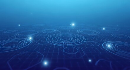 Abstract digital landscape with glowing network patterns, symbolizing data flow and technological connectivity