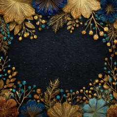 Elegant dark background framed by gold and blue glitter flowers and decorative branches design