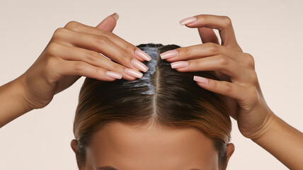 Woman Applying White Cream to Scalp Along Hair Parting image photo