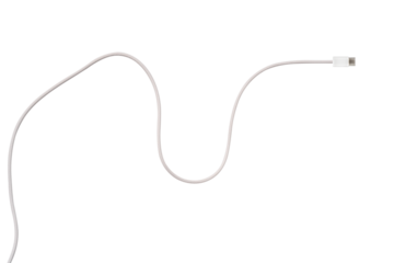 A white fabric-braided USB Type-C cable isolated on a transparent PNG. Ideal for concepts related to business technology, data transfer, connectivity and fast charging for modern devices.