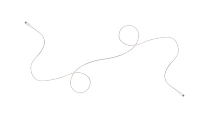 A white fabric-braided USB Type-C cable isolated on a transparent PNG. Ideal for concepts related to business technology, data transfer, connectivity and fast charging for modern devices.