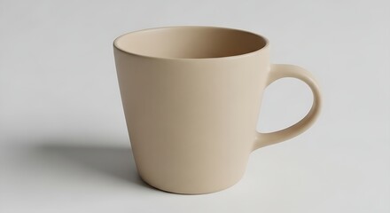 Minimalist beige ceramic mug isolated on neutral background, clean modern product photography, matte pottery texture for branding or packaging mockups.