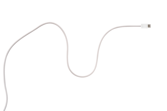 A white fabric-braided USB Type-C cable isolated on a transparent PNG. Ideal for concepts related to business technology, data transfer, connectivity and fast charging for modern devices.