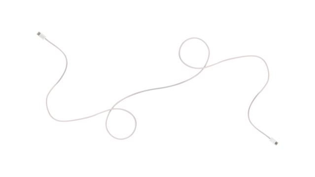 A white fabric-braided USB Type-C cable isolated on a transparent PNG. Ideal for concepts related to business technology, data transfer, connectivity and fast charging for modern devices. - Powered by Adobe