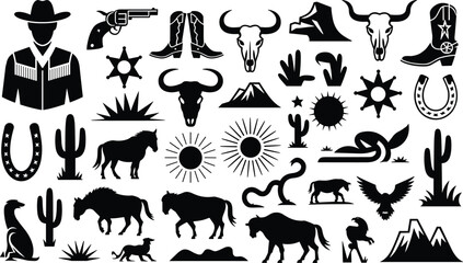 Wild West Cowboy Icons Collection, Western Silhouette Vector Set, Desert Animals, Cacti, Boots, Gun, Sheriff Badge, Horse, Buffalo, Rattlesnake, Sun, and Skull Graphics.