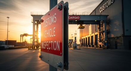 Customs Vehicle Inspection Sign Illuminated at the Port with Beautiful Sunrise Sky