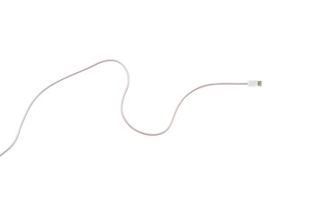 A white fabric-braided USB Type-C cable isolated on a transparent PNG. Ideal for concepts related to business technology, data transfer, connectivity and fast charging for modern devices.