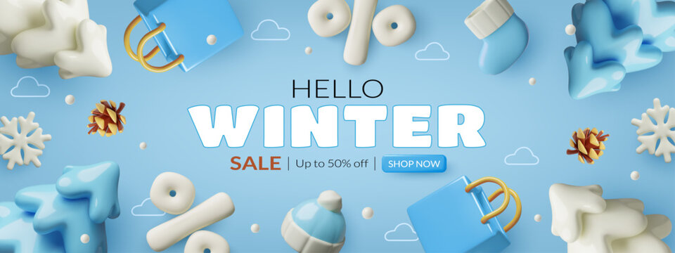 3d winter sale blue and white background design with cute clay pine frees, snowflakes and shopping elements. Vector illustration