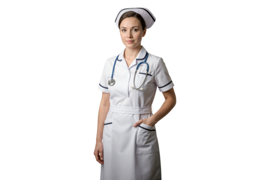 Isolated female nurse in traditional white uniform with stethoscope