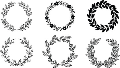 Collection of six different black and white laurel wreath designs vector set for decoration and design purposes