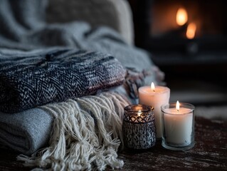 Cozy Winter Reading Nook with Warm Drink, Candlelight and Soft Knitted Textures