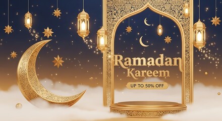 Ramadan Kareem celebration background with golden crescent moon lanterns stars and a podium perfect for product display and promotional offers creating a festive and inviting atmosphere