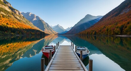 Obraz premium Reflections of Autumn Splendor Serene Mountain Lake with Dock and Boats Amidst Vibrant Fall Foliage