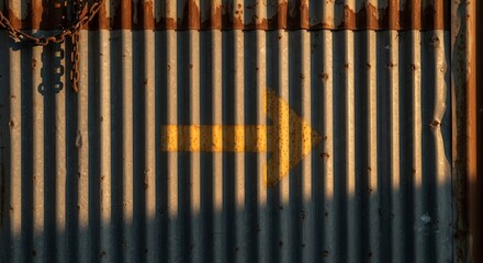 Obraz premium Corrugated Metallic Surface Displays Directional Guidance, Marked By A Yellow Arrow