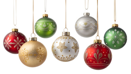 Hanging christmas balls luxury ornaments set red gold silver green glowing on an isolated background, white isolated  background or cutout transparent png