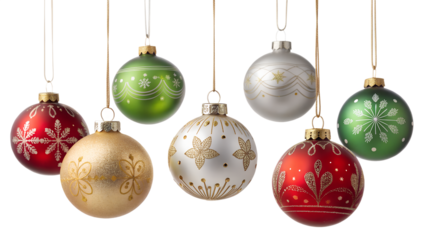 Hanging christmas balls luxury ornaments set red gold silver green glowing on an isolated background, white isolated background or cutout transparent png
