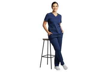 Friendly female nurse in navy medical scrubs standing by stool