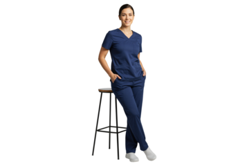 Friendly female nurse in navy medical scrubs standing by stool