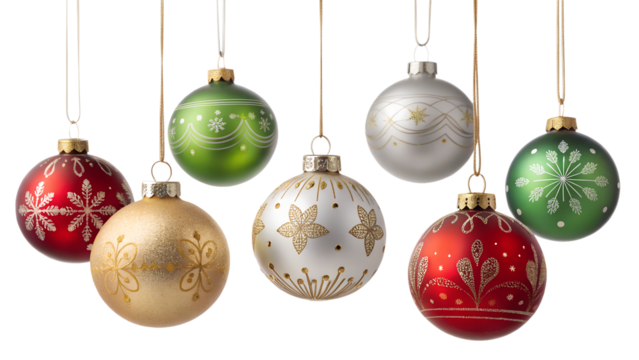 Hanging christmas balls luxury ornaments set red gold silver green glowing on an isolated background, white isolated  background or cutout transparent png