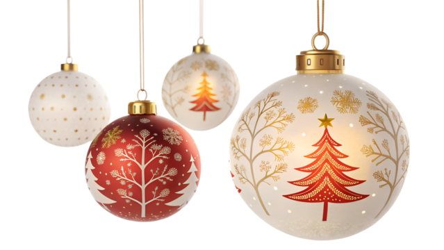 Hanging christmas balls luxury ornaments set red gold silver green glowing on an isolated background, white isolated  background or cutout transparent png