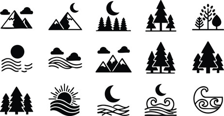 Nature landscape icons set with mountains, trees, sun, moon, water waves in black silhouette style