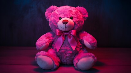 Cinematic Pink Teddy Bear in Moody Neon Lighting Close-Up