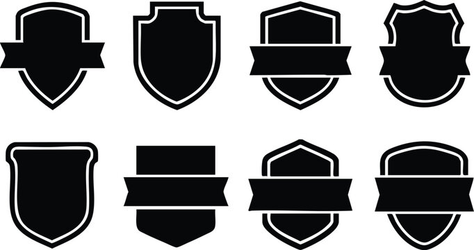 Set of black shield badge icons with ribbons for design branding and logo creation in vector format