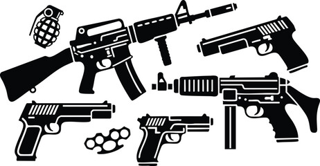 Obraz premium Collection of various black silhouette guns and ammunition including rifle, pistols, and grenade illustration