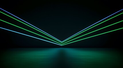 The image shows parallel neon green and blue lights converging inward against a dark backdrop, with their luminous reflections shimmering on a textured, reflective surface.