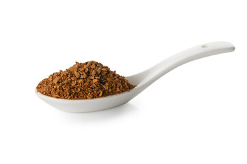 Heap of Instant Coffee in White Ceramic Spoon