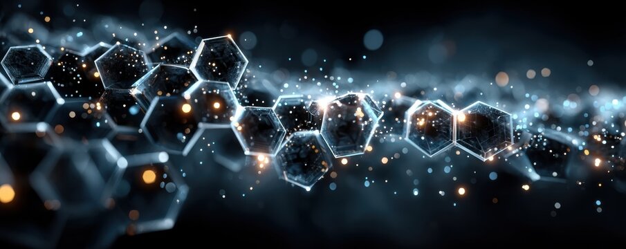 Abstract futuristic background with blue glowing hexagons and particles for tech design
